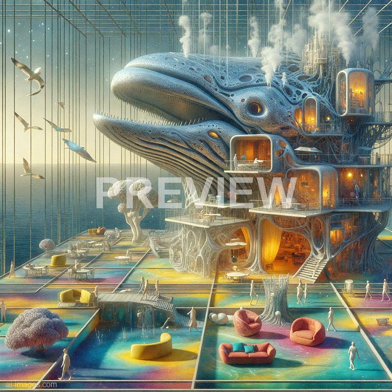 The image depicts a fantastical architectural structure resembling a giant whale integrated with a modern building, featuring multiple levels with balconies and illuminated rooms. The structure is set in a colorful, surreal environment with a grid-like ground, scattered furniture, trees, and small human figures walking around. In the background, there is a body of water and a sky with a soft, warm hue, creating a dreamlike atmosphere. Several birds are flying near the whale-like building, enhancing the whimsical scene.